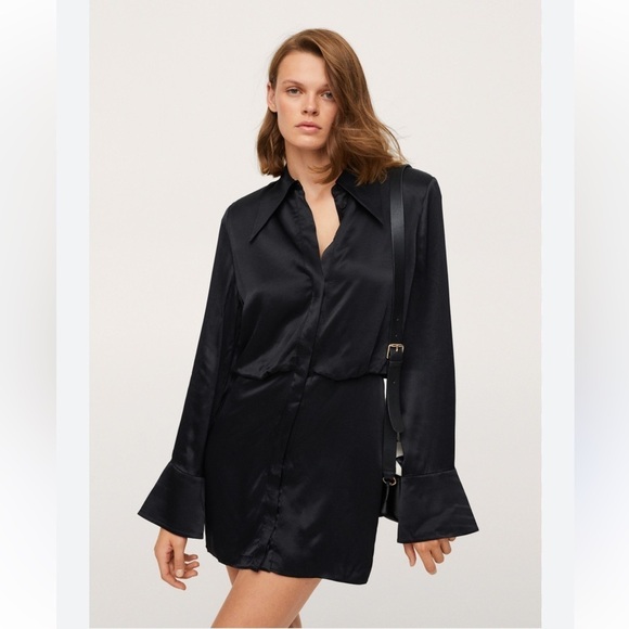 MANGO Black Satin Button Down Shirt Dress Flared Sleeves - Picture 1 of 8